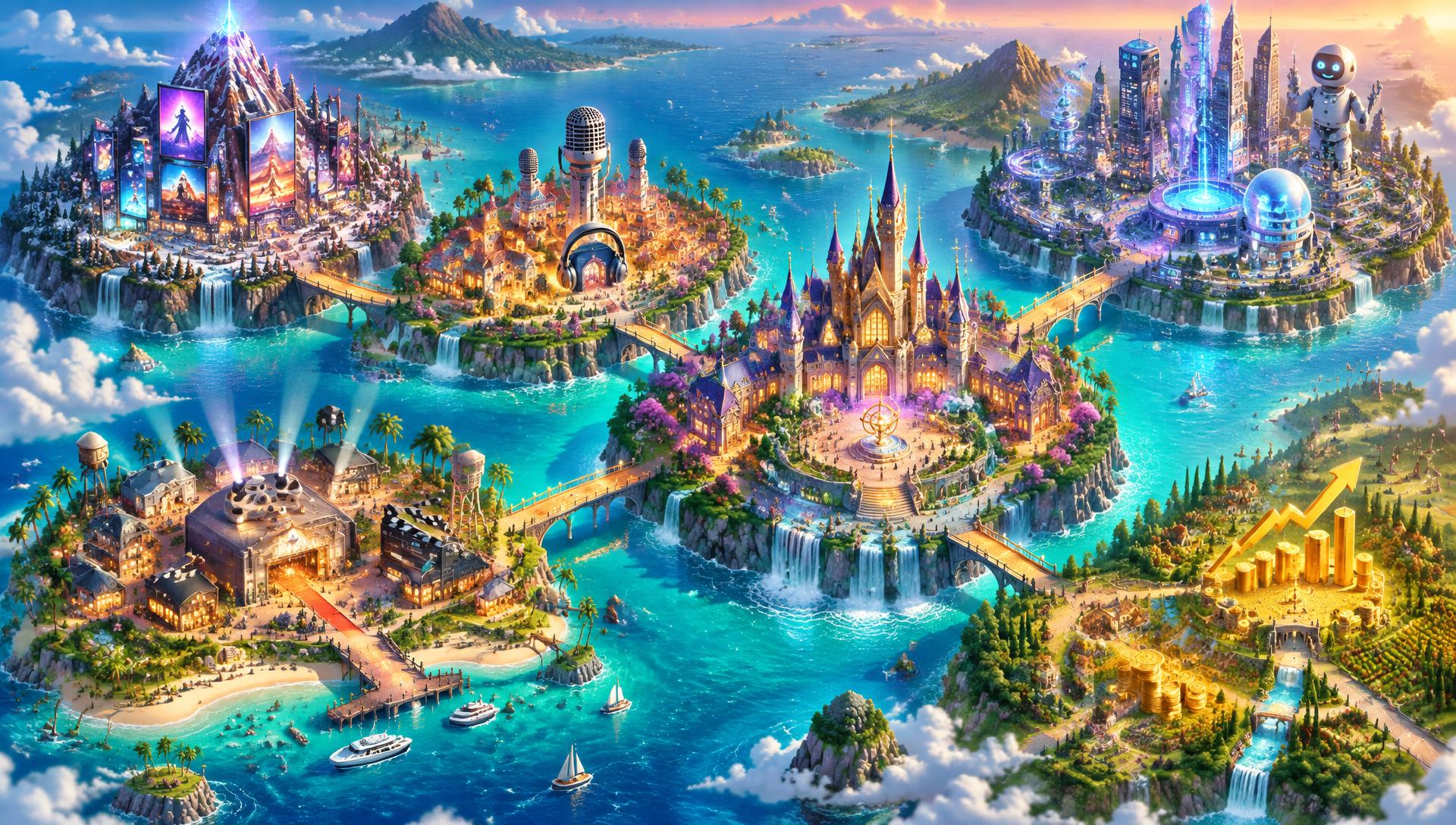Illustrated isometric world with a billboard mountain, film studio island, podcast village, robot city, golden valley and a magical castle